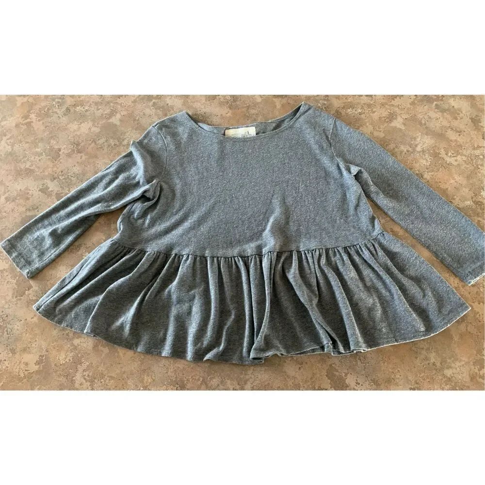12- Free People Boxy Ruffle Hem Heather Gray BOHO Tunic Shirt Top sz XS